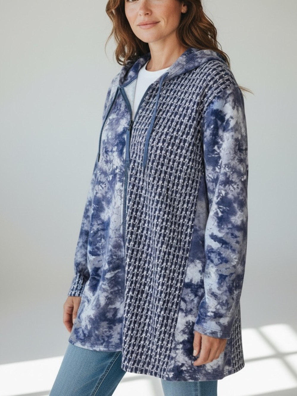 LOGO Blue Tie-Dye & Geometric Cotton Blend Mixed Fabric Zip-Up Hoodie - Size 2X